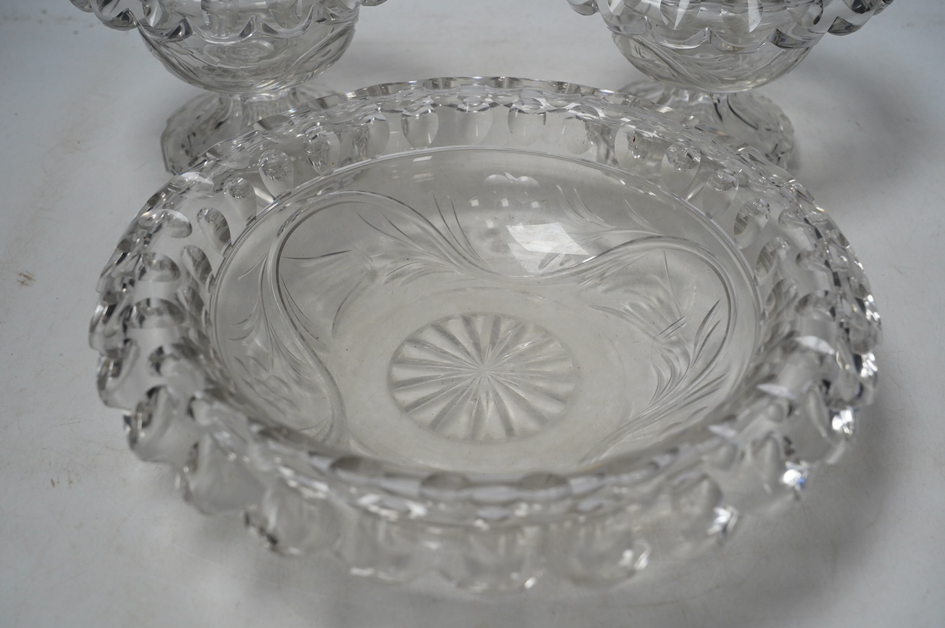 Three Victorian heavy cut glass bowls, largest 28cm. Condition - fair to good